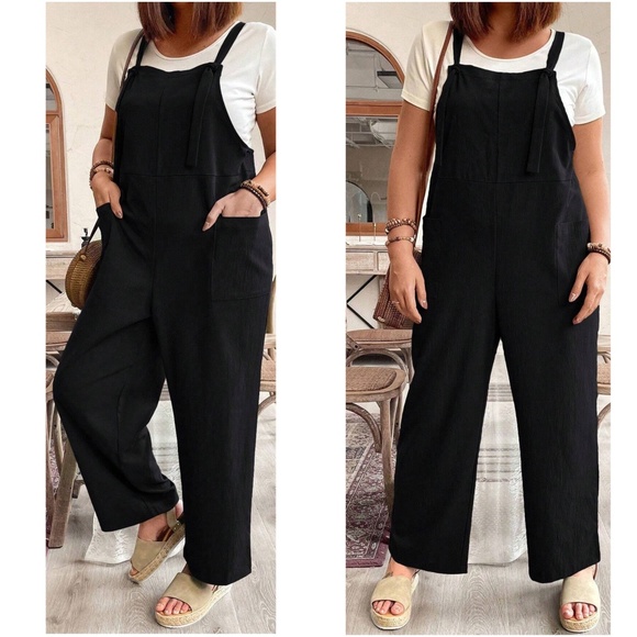 Plus Solid Pockets Adjustable Knot Strap Wide leg Jumpsuit